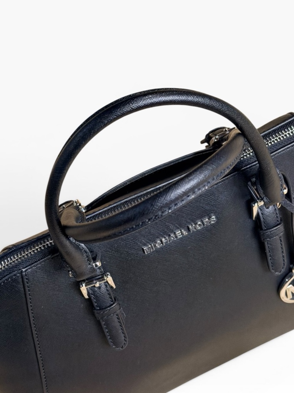 Michael Kors Black Large Saffiano Leather Satchel with MK Charm - Picture 2 of 16